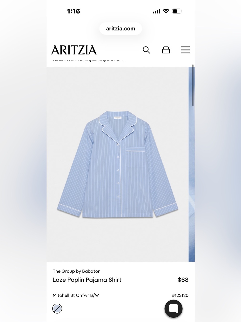 Aritzia Light Blue and White Pinstripe Laze Pajama Shirt